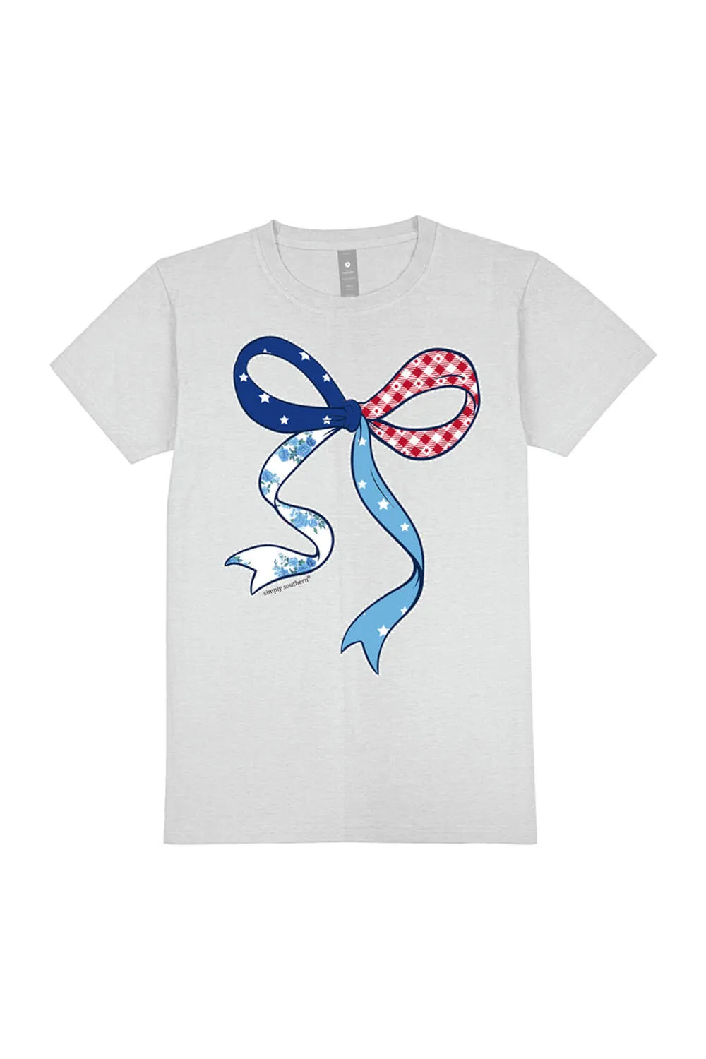 Simply Southern Plus Size Americana Patchwork Bow T-Shirt in Whitewater Grey | EXT-SS-PATCHBOW-WHITEWATER sold by Glik’s