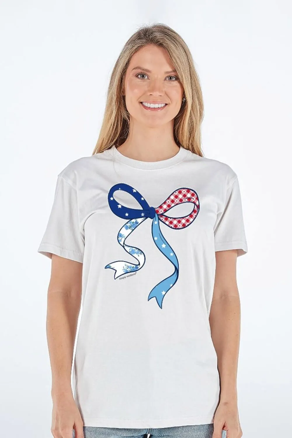 Simply Southern Americana Patchwork Bow T-Shirt in Whitewater Grey | SS-PATCHBOW-WHITEWATER sold by Glik’s