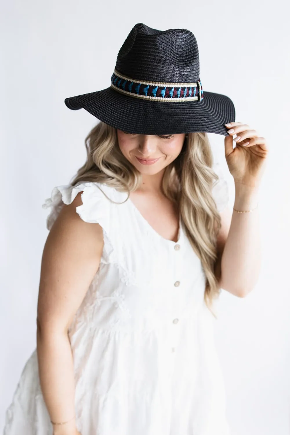 Straw Wide Brim Hat with Band for Women in Black | BHP210060-BLACK sold by Glik’s