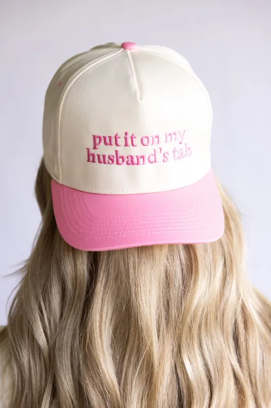 Put It On My Husband’s Tab Trucker Hat for Women in Pink/Tan | KDC-BC-1110-PINK-TAN sold by Glik’s