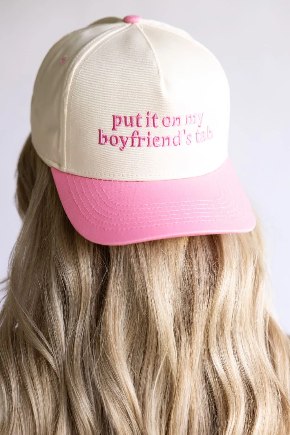 Put It On My Boyfriend’s Tab Trucker Hat for Women in Pink/Tan | KDC-BC-1108-PINK-TAN sold by Glik’s