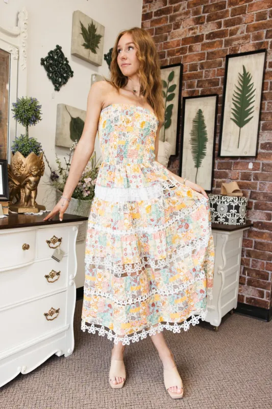 Eyelet Lace Strapless Floral Midi Dress for Women in Yellow Multi | D-10437-H-YLW sold by Glik’s