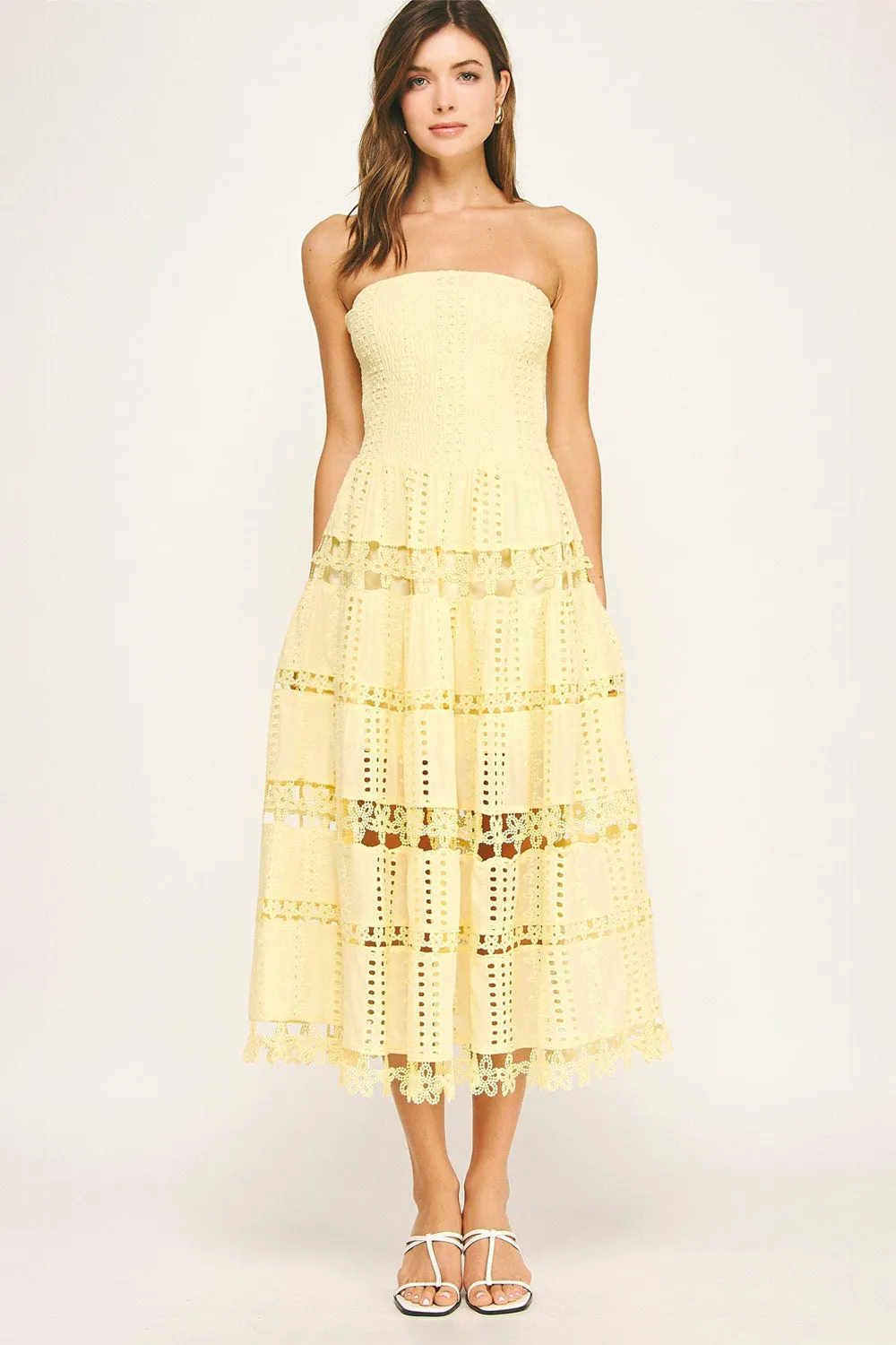 Eyelet Lace Strapless Midi Dress for Women in Yellow | D-2192-YLW sold by Glik’s