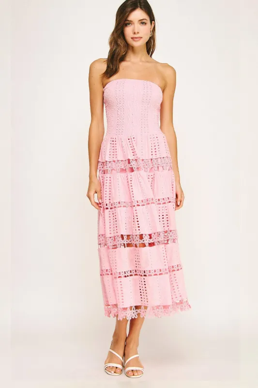 Eyelet Lace Strapless Midi Dress for Women in Pink | D-2192-H-PNK sold by Glik’s