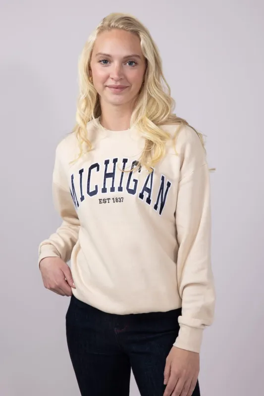 1897 Active Embroidered Michigan Fleece Sweatshirt for Women in Cream Navy  | GT-079-CREAM-NAVY sold by Glik’s