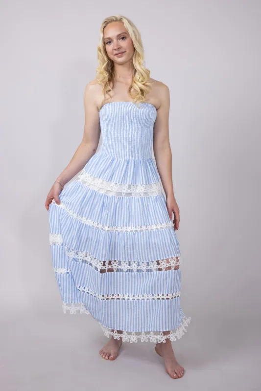 Eyelet Stripe Lace Strapless Midi Dress for Women in Blue | D-10435-H-BLU sold by Glik’s