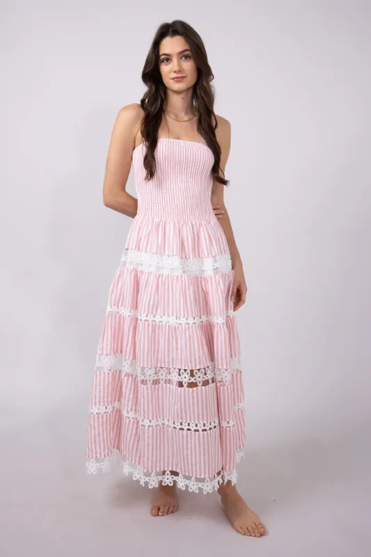 Eyelet Stripe Lace Strapless Midi Dress for Women in Pink | D-10435-H-PNK sold by Glik’s