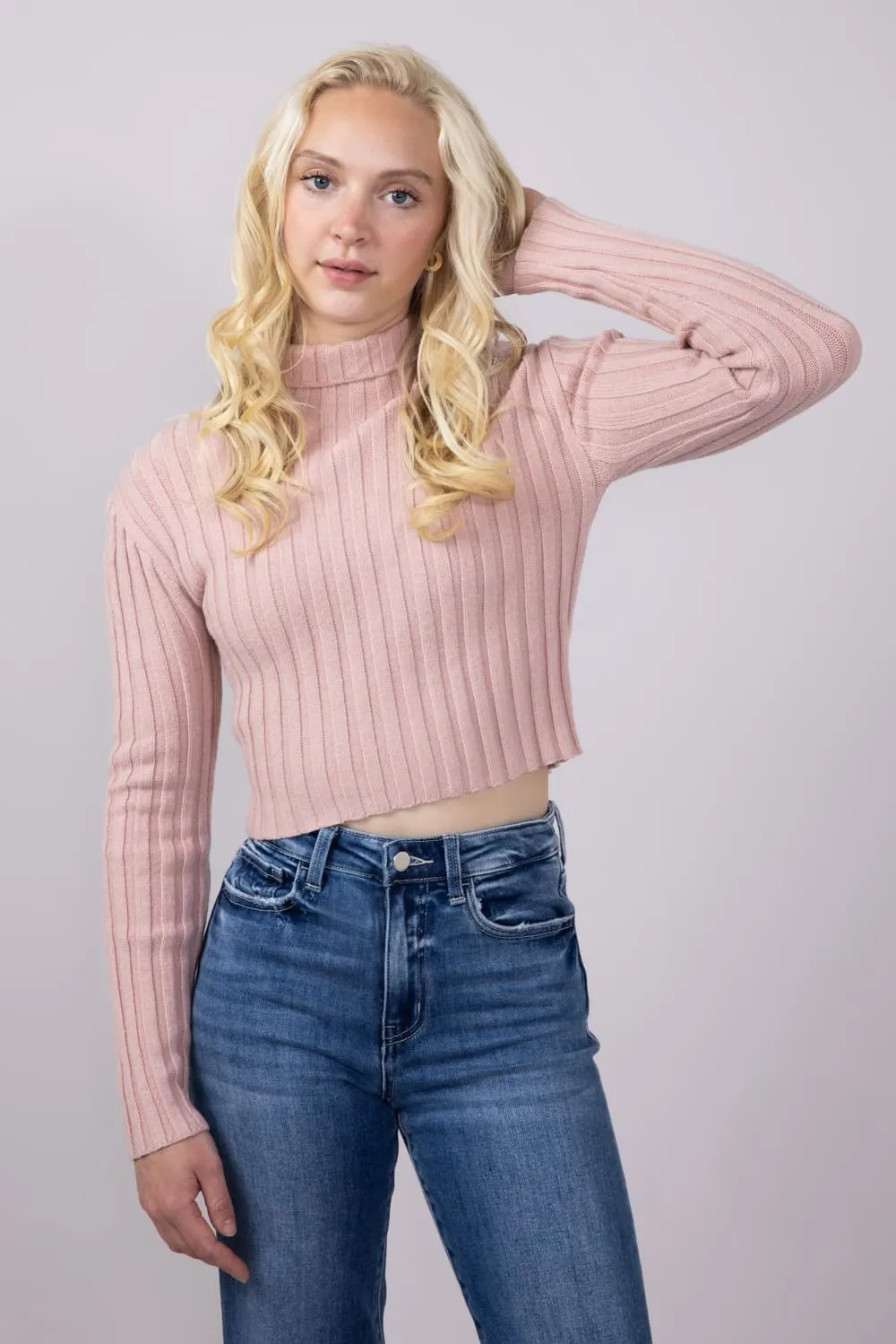 Ribbed Mock Neck Cropped Sweater for Women in Blush | MT1657-BLUSH sold by Glik’s
