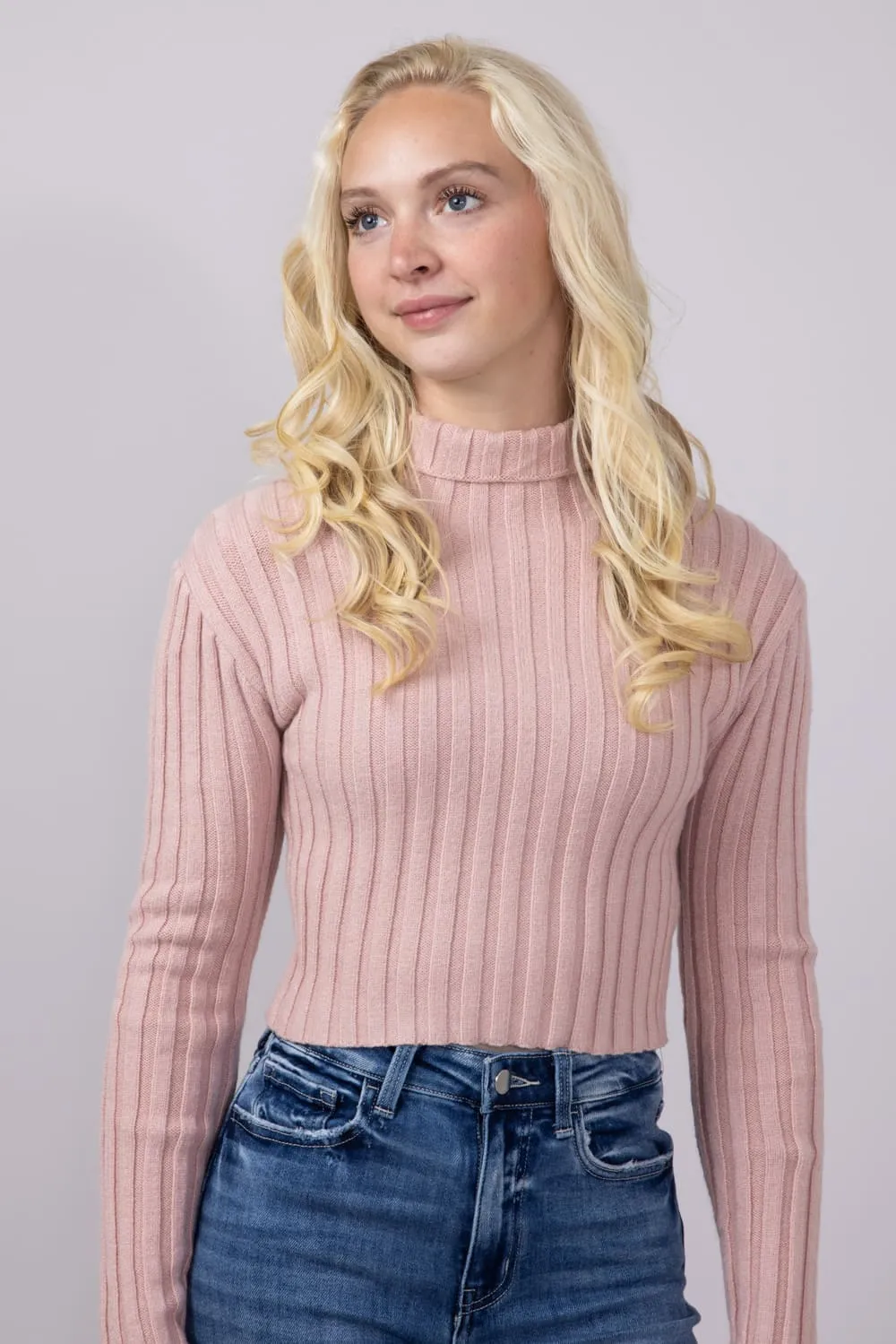 Ribbed Mock Neck Cropped Sweater for Women in Blush | MT1657-BLUSH sold by Glik’s product image thumbnail 3