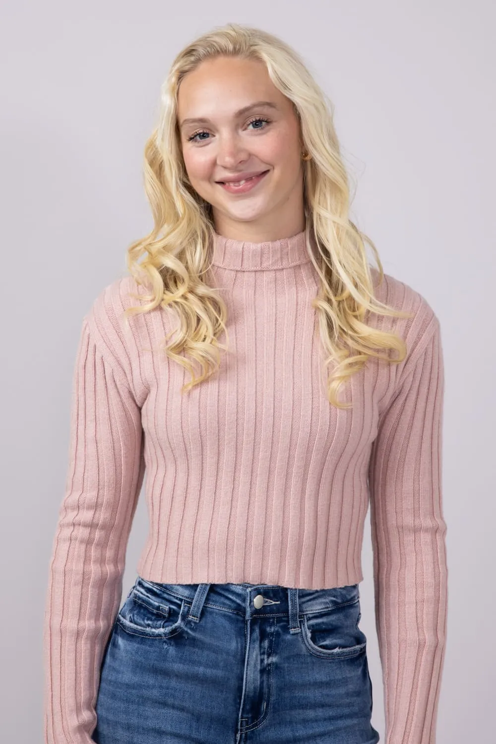 Ribbed Mock Neck Cropped Sweater for Women in Blush | MT1657-BLUSH sold by Glik’s product image thumbnail 2
