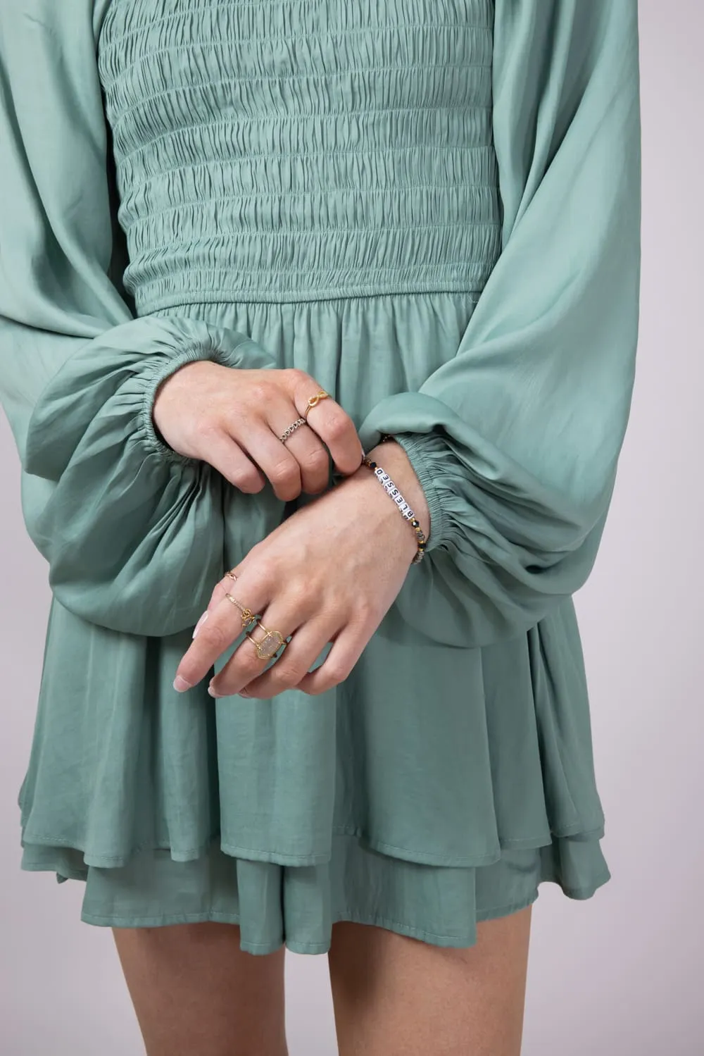 Smocked Bodice Layered Romper for Women in Sage | H30292-SAG sold by Glik’s product image thumbnail 4