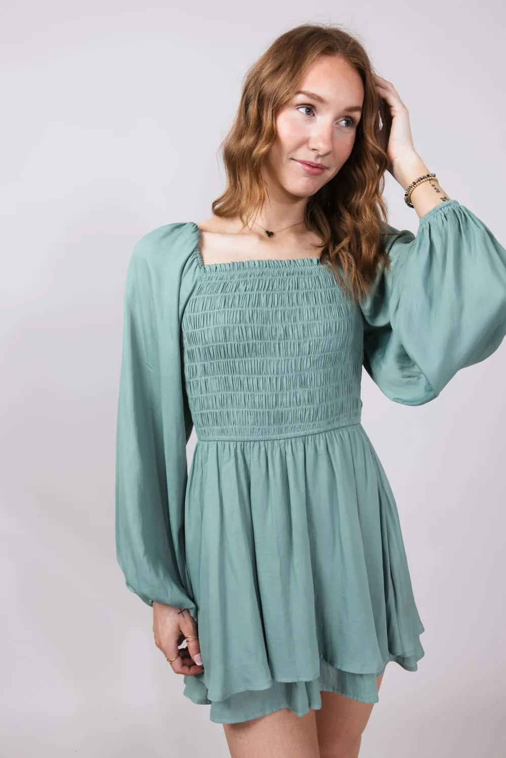 Smocked Bodice Layered Romper for Women in Sage | H30292-SAG sold by Glik’s product image thumbnail 5