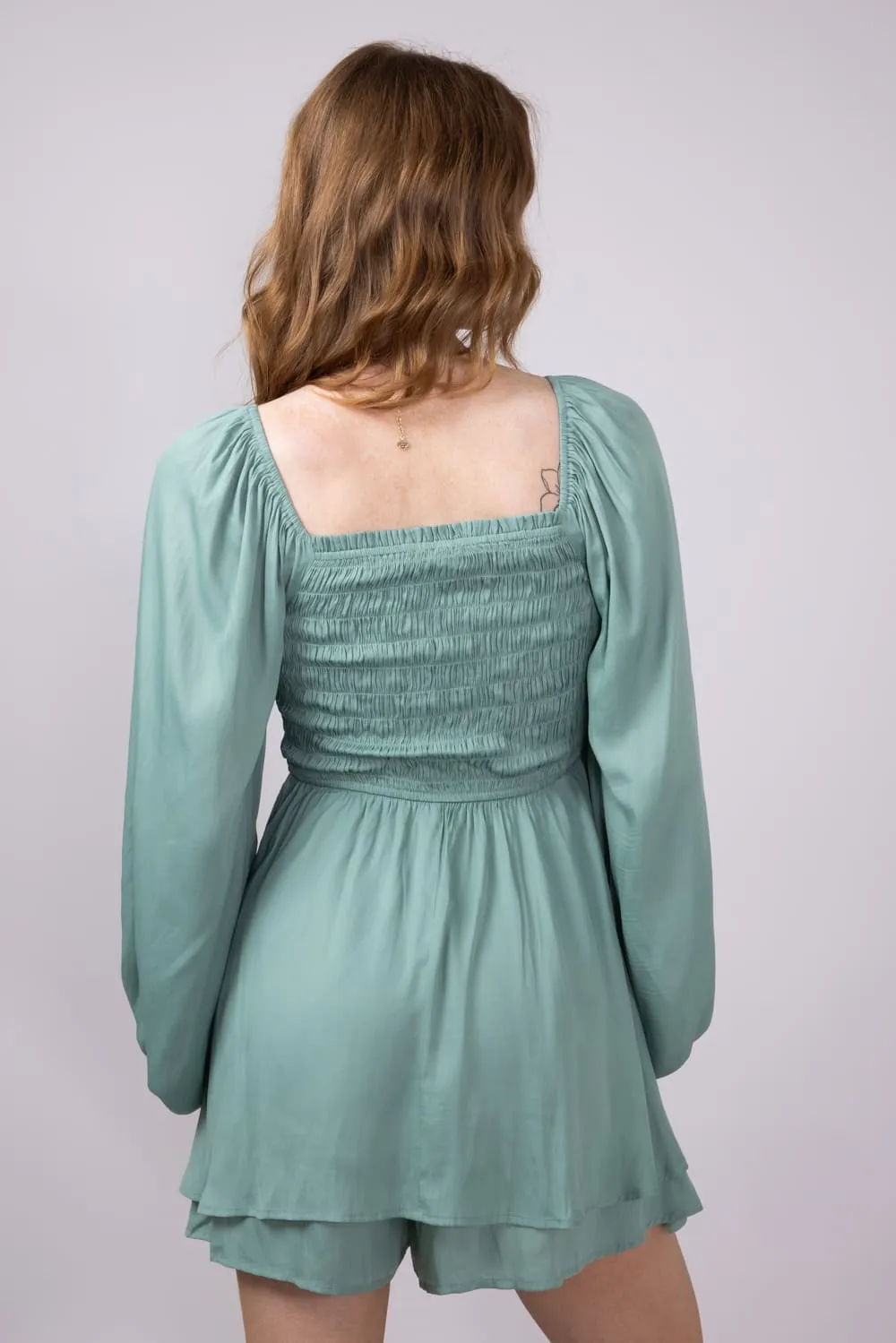 Smocked Bodice Layered Romper for Women in Sage | H30292-SAG sold by Glik’s product image thumbnail 3