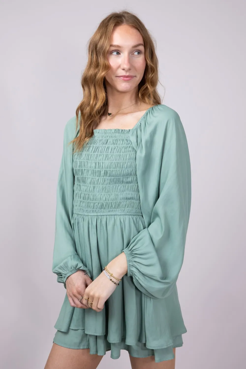 Smocked Bodice Layered Romper for Women in Sage | H30292-SAG sold by Glik’s product image thumbnail 2