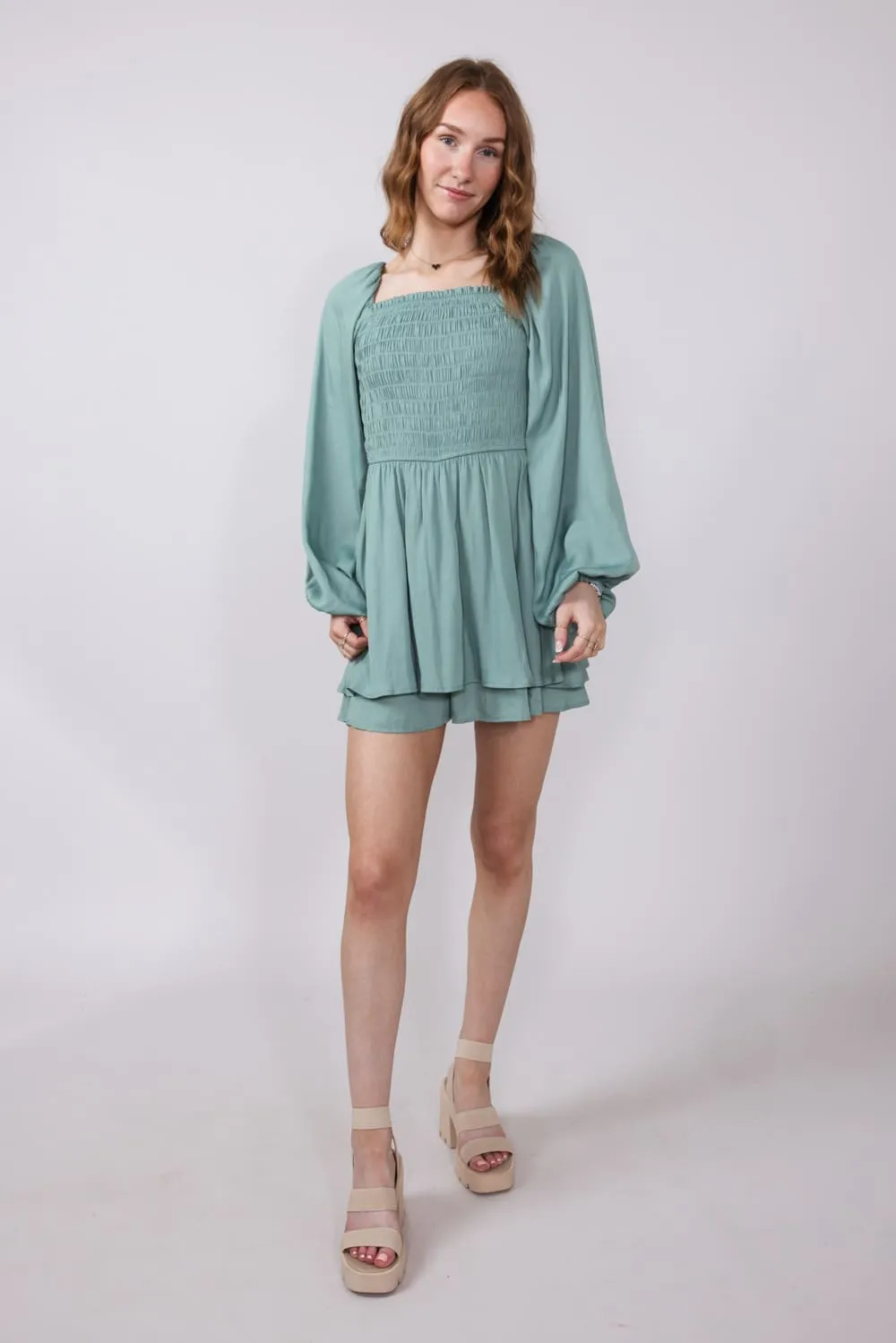 Smocked Bodice Layered Romper for Women in Sage | H30292-SAG sold by Glik’s