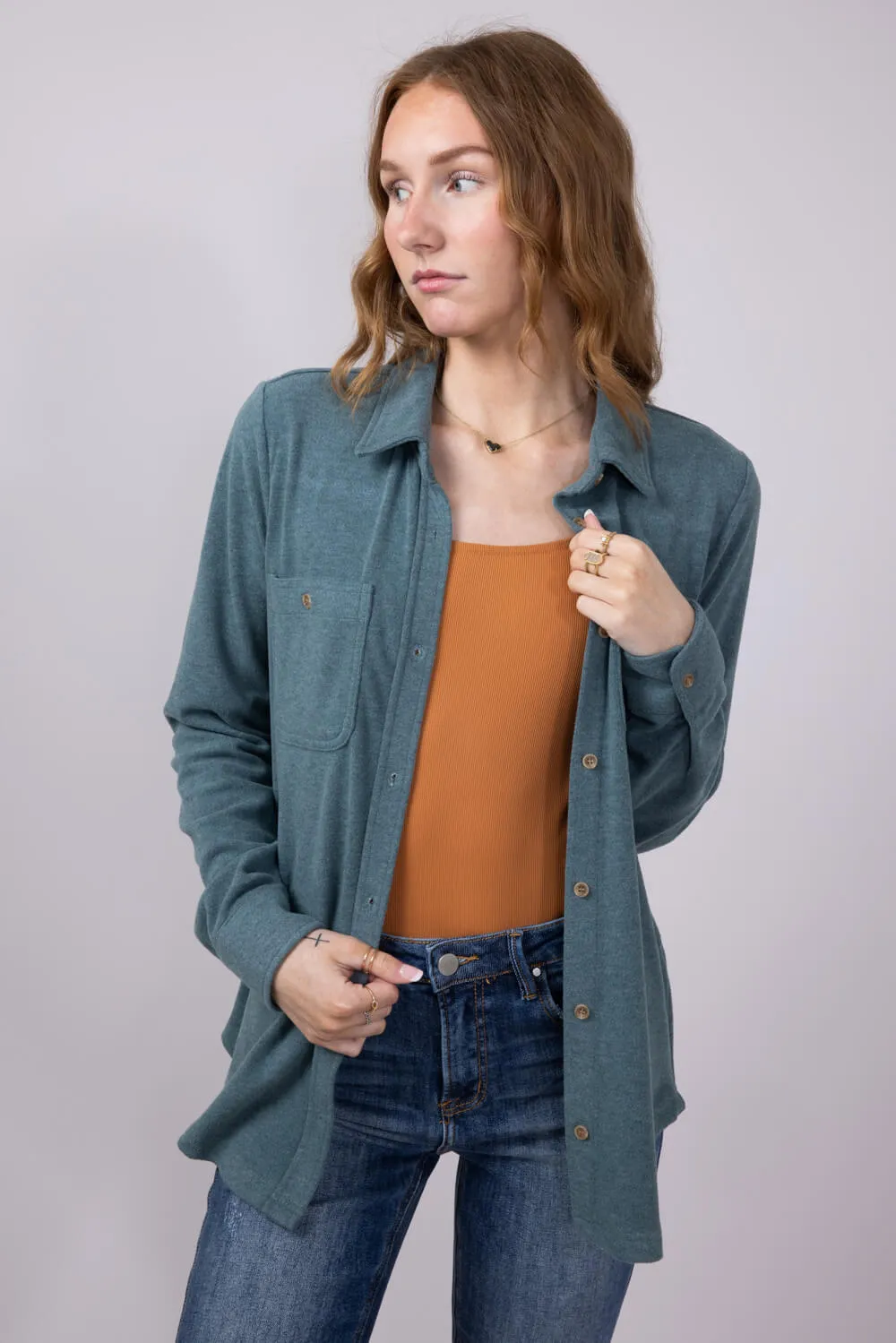Thread & Supply Lewis Soft Luxe Button Up Shirt for Women in Spruce Heather | T1084PVXTS-SPRUCEHEATHERSOLID sold by Glik’s product image thumbnail 5