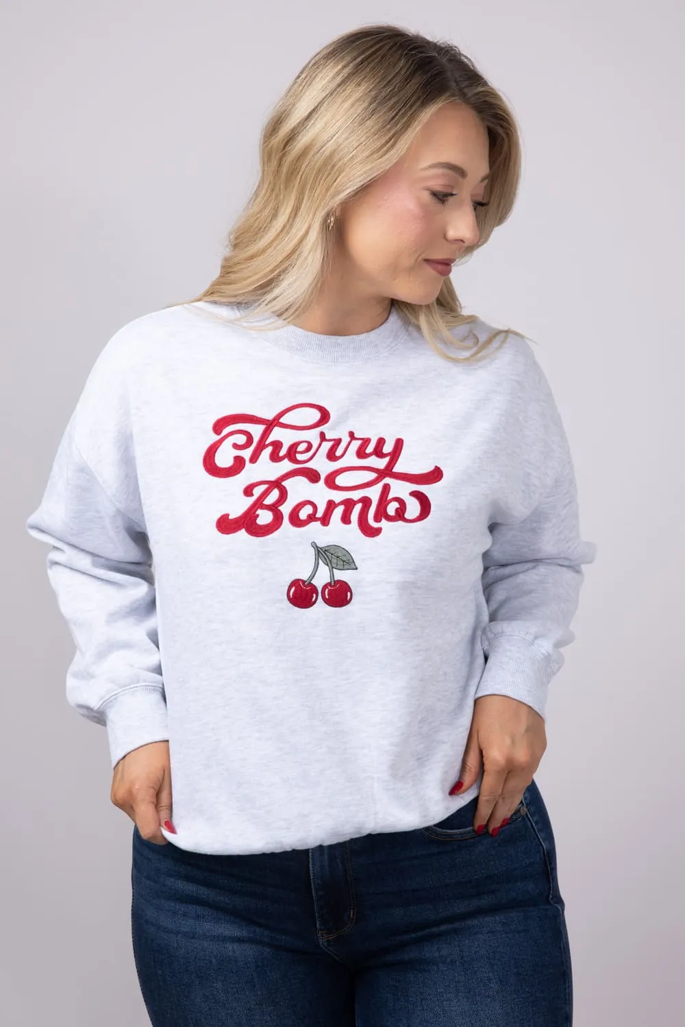 1897 Active Embroidered Cherry Bomb Sweatshirt for Women in Ice Grey | T1316-ICEGREY sold by Glik’s product image thumbnail 2