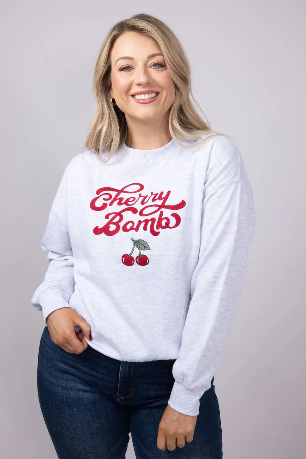 1897 Active Embroidered Cherry Bomb Sweatshirt for Women in Ice Grey | T1316-ICEGREY sold by Glik’s product image thumbnail 4