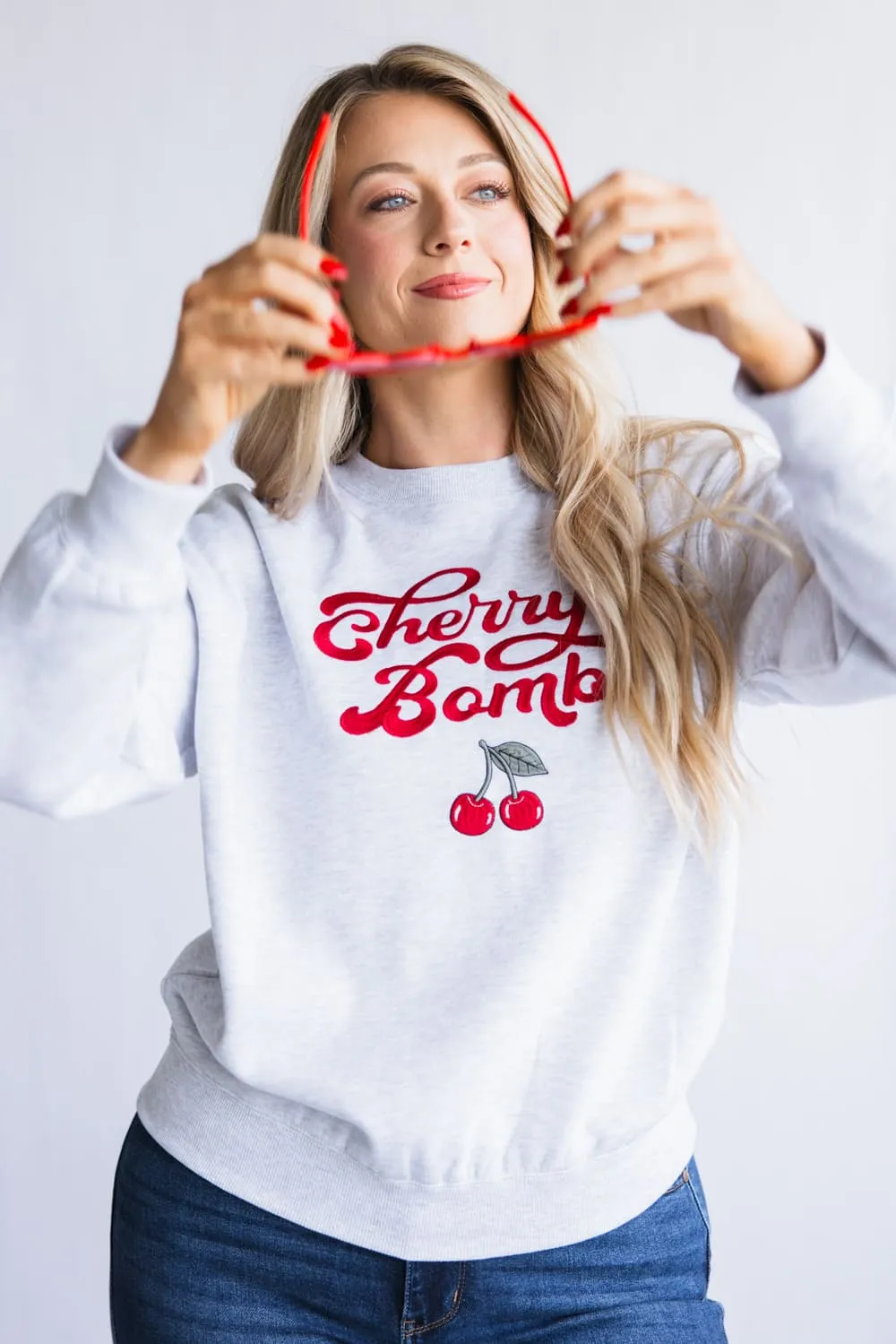 1897 Active Embroidered Cherry Bomb Sweatshirt for Women in Ice Grey | T1316-ICEGREY sold by Glik’s
