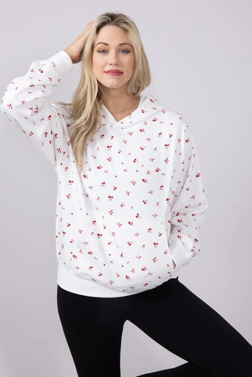 1897 Active All Over Print Cherry & Bows Hoodie for Women in Ivory | GU735-IVORY sold by Glik’s