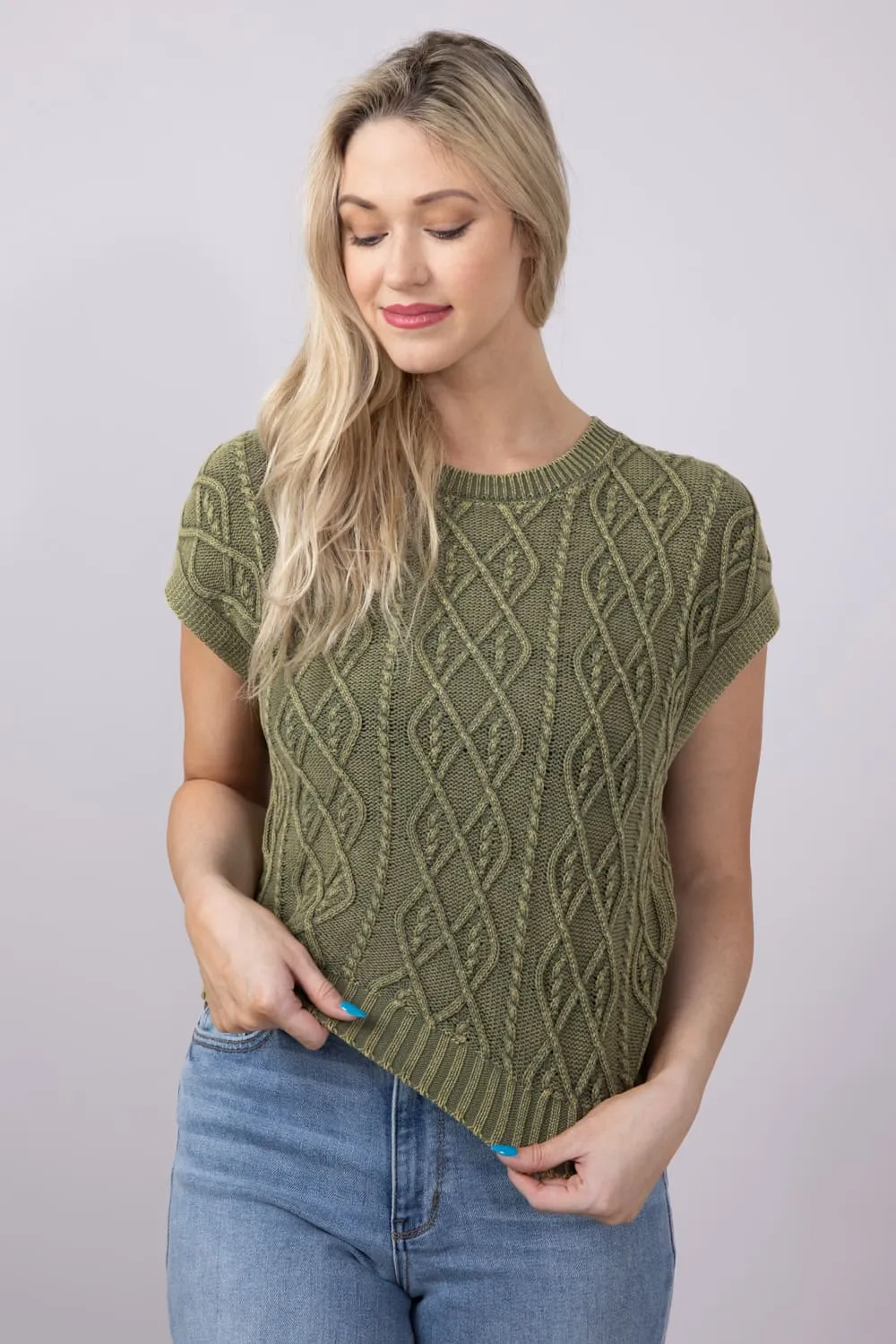 Cable Cap Sleeve Sweater for Women in Olive | S20776-OLV sold by Glik’s