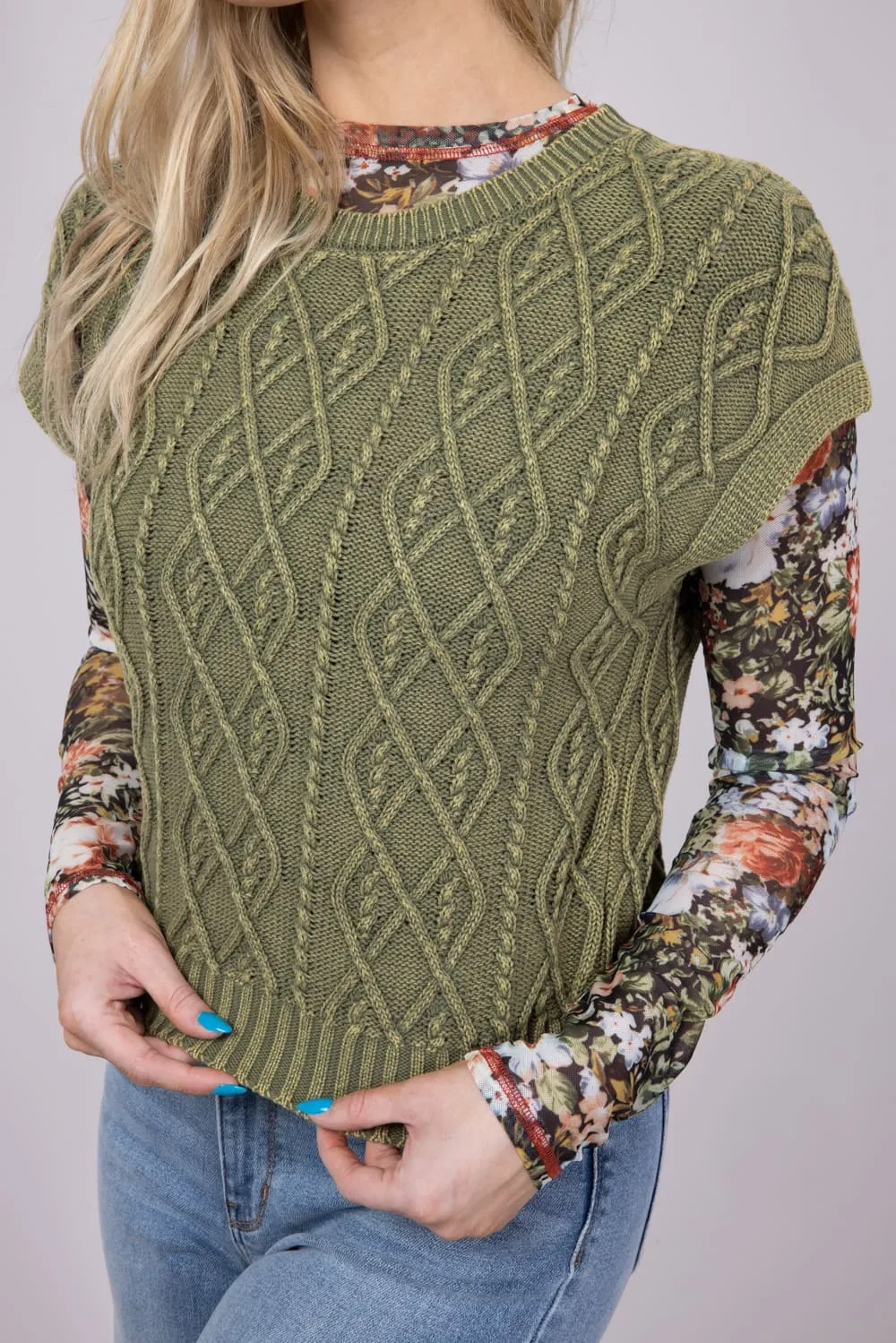 Cable Cap Sleeve Sweater for Women in Olive | S20776-OLV sold by Glik’s product image thumbnail 5