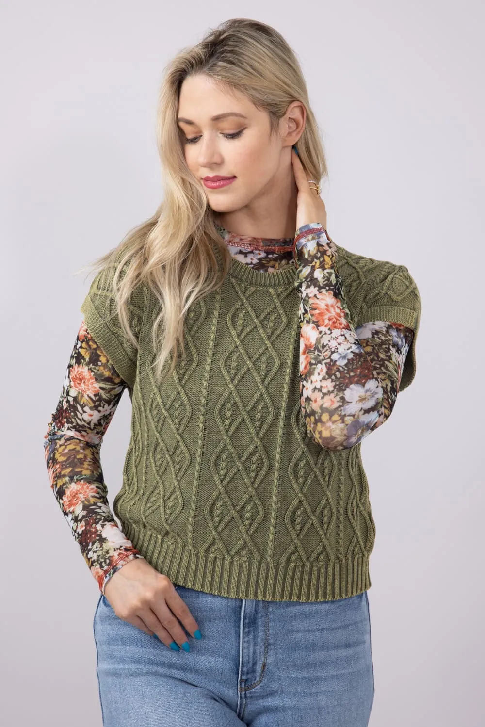 Cable Cap Sleeve Sweater for Women in Olive | S20776-OLV sold by Glik’s product image thumbnail 3