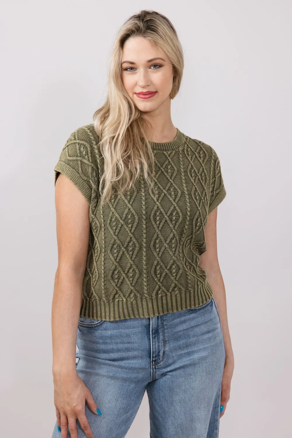 Cable Cap Sleeve Sweater for Women in Olive | S20776-OLV sold by Glik’s product image thumbnail 4