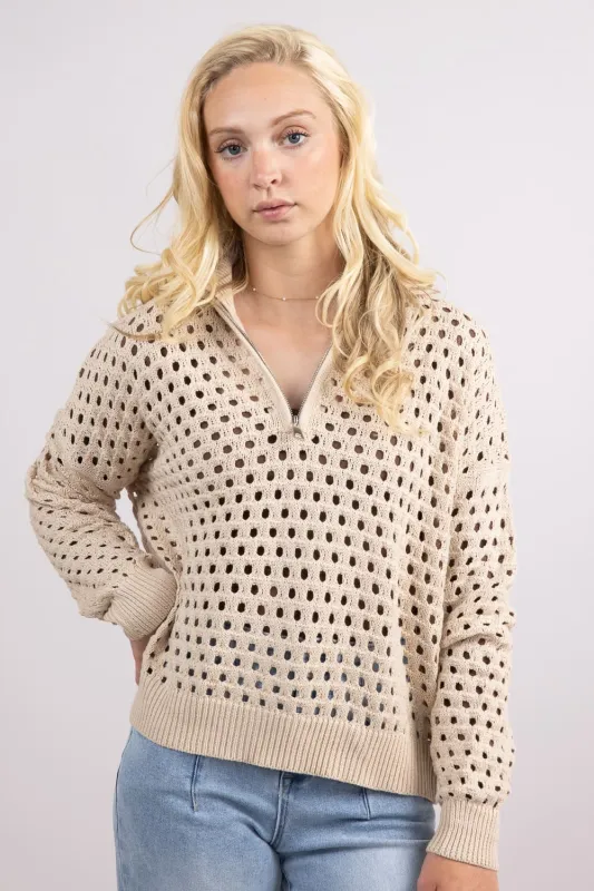 Elan Open Knit Front ½ Zip Sweater for Women in Oatmeal | SW11472-OAT sold by Glik’s