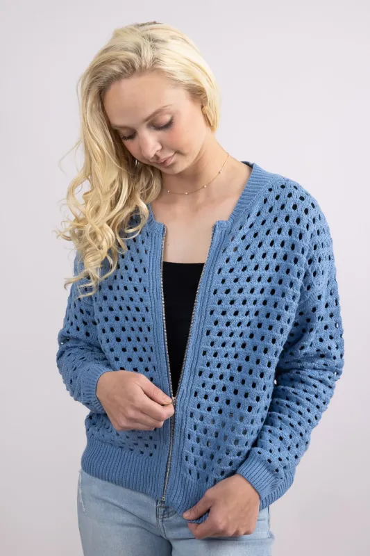Elan Open Knit Front Zip Cardigan for Women in Blue | SW11355-BLU sold by Glik’s