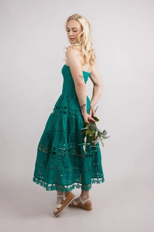 Eyelet Lace Strapless Midi Dress for Women in Emerald | D-2192-H-EMR made by Strut & Bolt