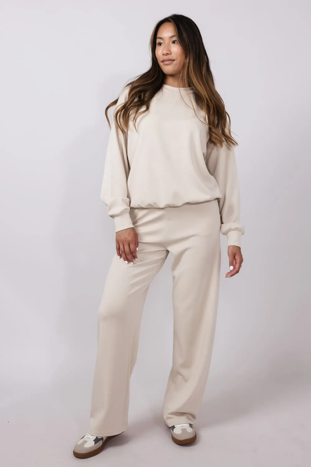 High Rise Stretch Wide Leg Sweatpants for Women in Beige | GP016-BEIGE sold by Glik’s product image thumbnail 2