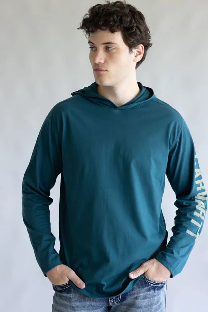 Carhartt Force Relaxed Fit Midweight Long Sleeve Logo Hooded T-Shirt for Men in Greenstone | 106654-GM1 sold by Glik’s