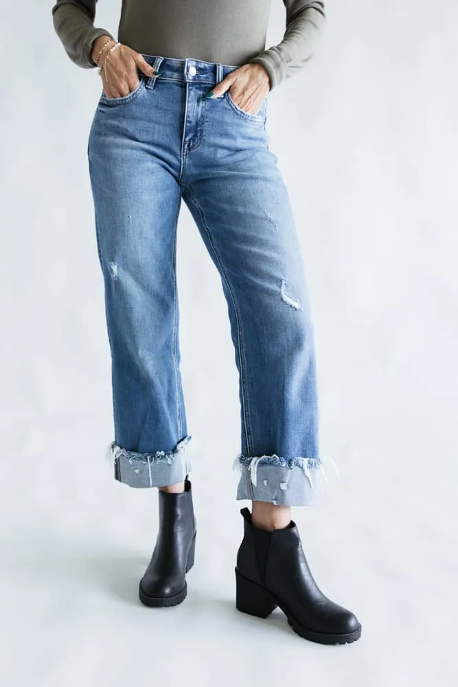 Flying Monkey Mid-Rise Raw Cuffed Hem Slim Wide Leg Jeans for Women | F5861 sold by Glik’s