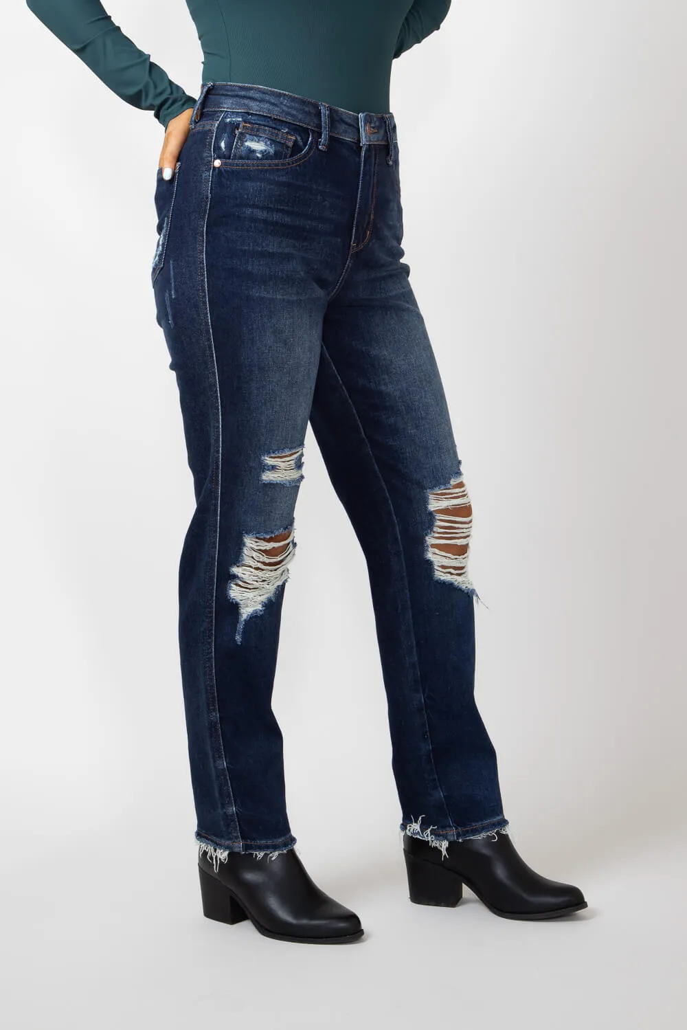 Judy Blue High Rise Rigid Magic Distressed Straight Jeans for Women | 88819-DK sold by Glik’s product image thumbnail 4