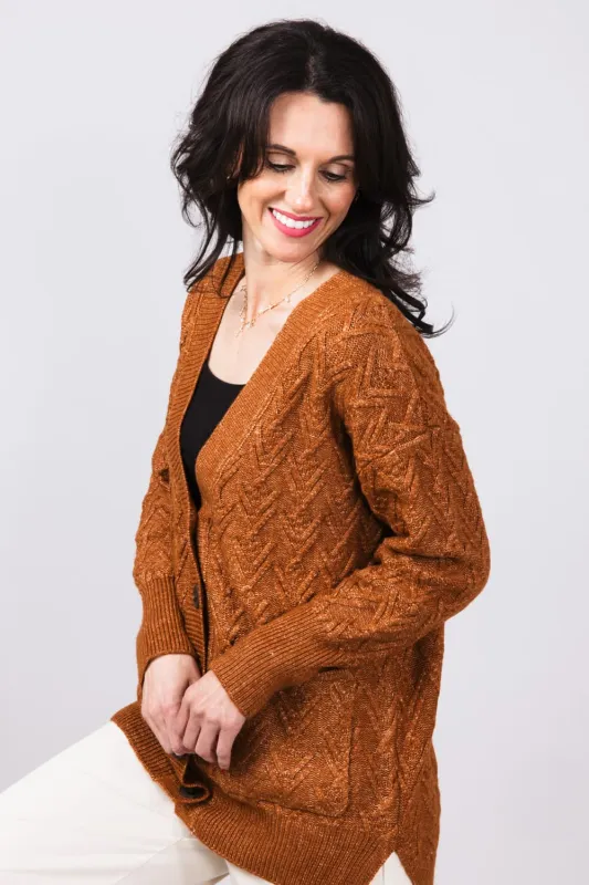 Cable Knit Button Front Cardigan for Women in Cinnamon Stick | LF2S43482-CIN sold by Glik’s