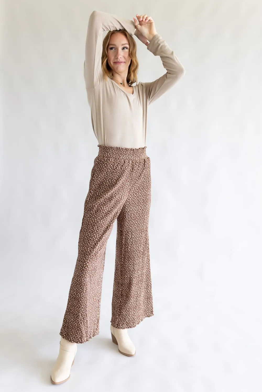 Ditsy Floral Smocked Waist Wide Leg Pants for Women in Chocolate Floral | NP70125-CHOCOLATEFLORAL sold by Glik’s product image thumbnail 3