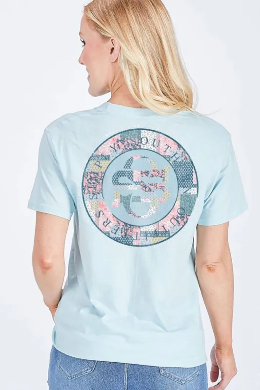 Simply Southern Quilt Pattern Logo T-Shirt for Women in Blue | SS-QLTLOGO-ICE sold by Glik’s