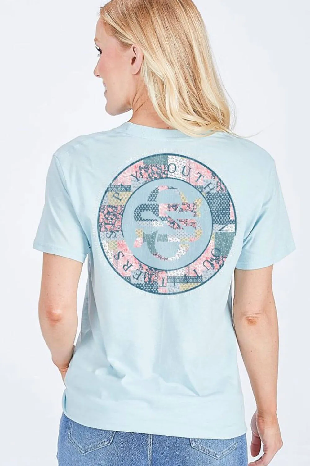 Simply Southern Quilt Pattern Logo T-Shirt for Women in Blue | SS-QLTLOGO-ICE sold by Glik’s