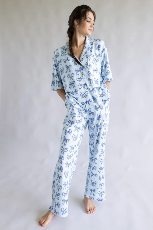 Bow Soft Pajama Set for Women in Blue | KDC-LWPANTSET-32-LBL sold by Glik’s