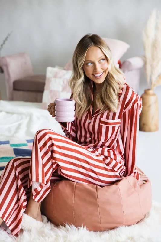 Striped Satin Pajama Set for Women in Blush | KDC-LWPANTSET-301-BLS sold by Glik’s