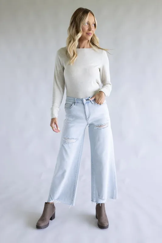 Mica High Rise Light Wash Wide Leg Fray Hem Jeans for Women | MDP-W3523 sold by Glik’s