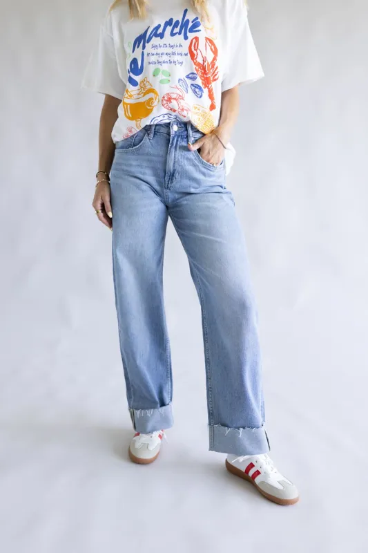 Mica Med Rise Raw Hem Cuffed Barrel Jeans for Women | MDP-T3592 sold by Glik’s