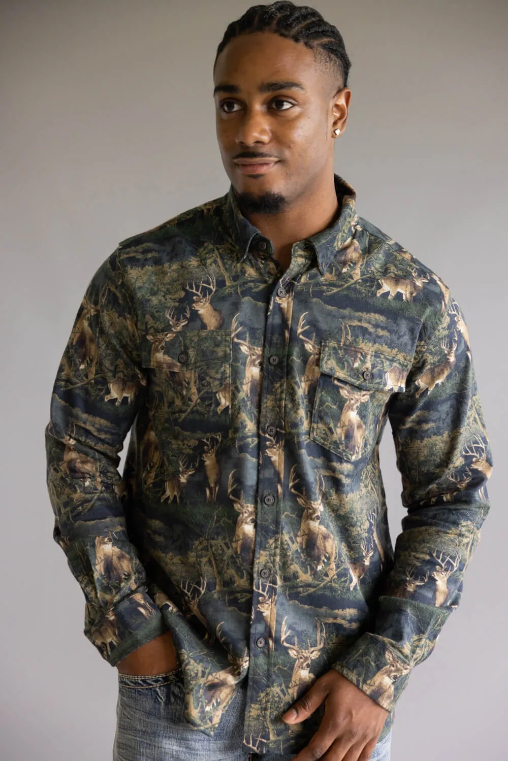 North River Brushed Cotton Deer Printed Button Up Shirt for Men in Green | NRM6415-OLIVENIGHT sold by Glik’s product image thumbnail 4