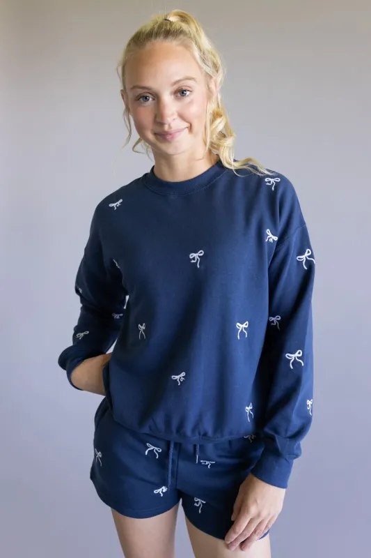1897 Active Embroidered Bow Fleece Sweatshirt for Women in Indigo Blue | T1019-INDIGOBLUE sold by Glik’s