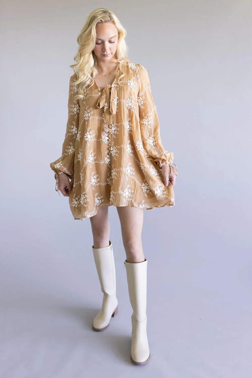Floral Embroidered Long Sleeve Mini Dress for Women in Mocha | LD1678-2TONEMOCHA sold by Glik’s product image thumbnail 3