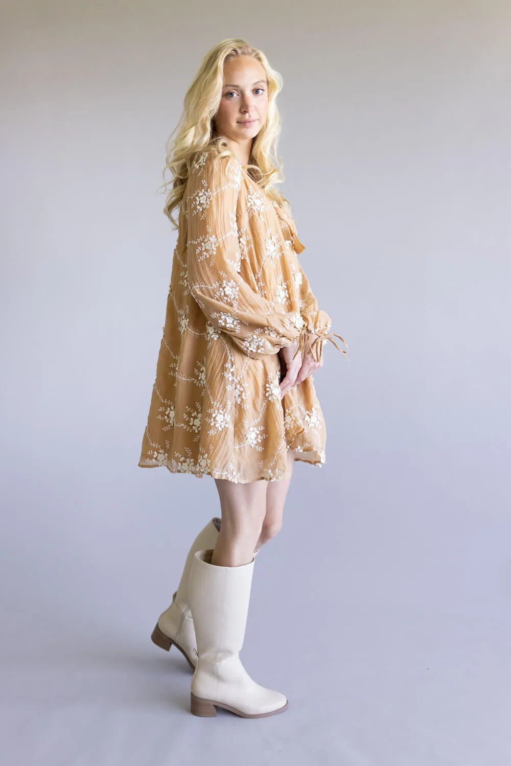 Floral Embroidered Long Sleeve Mini Dress for Women in Mocha | LD1678-2TONEMOCHA sold by Glik’s product image thumbnail 4