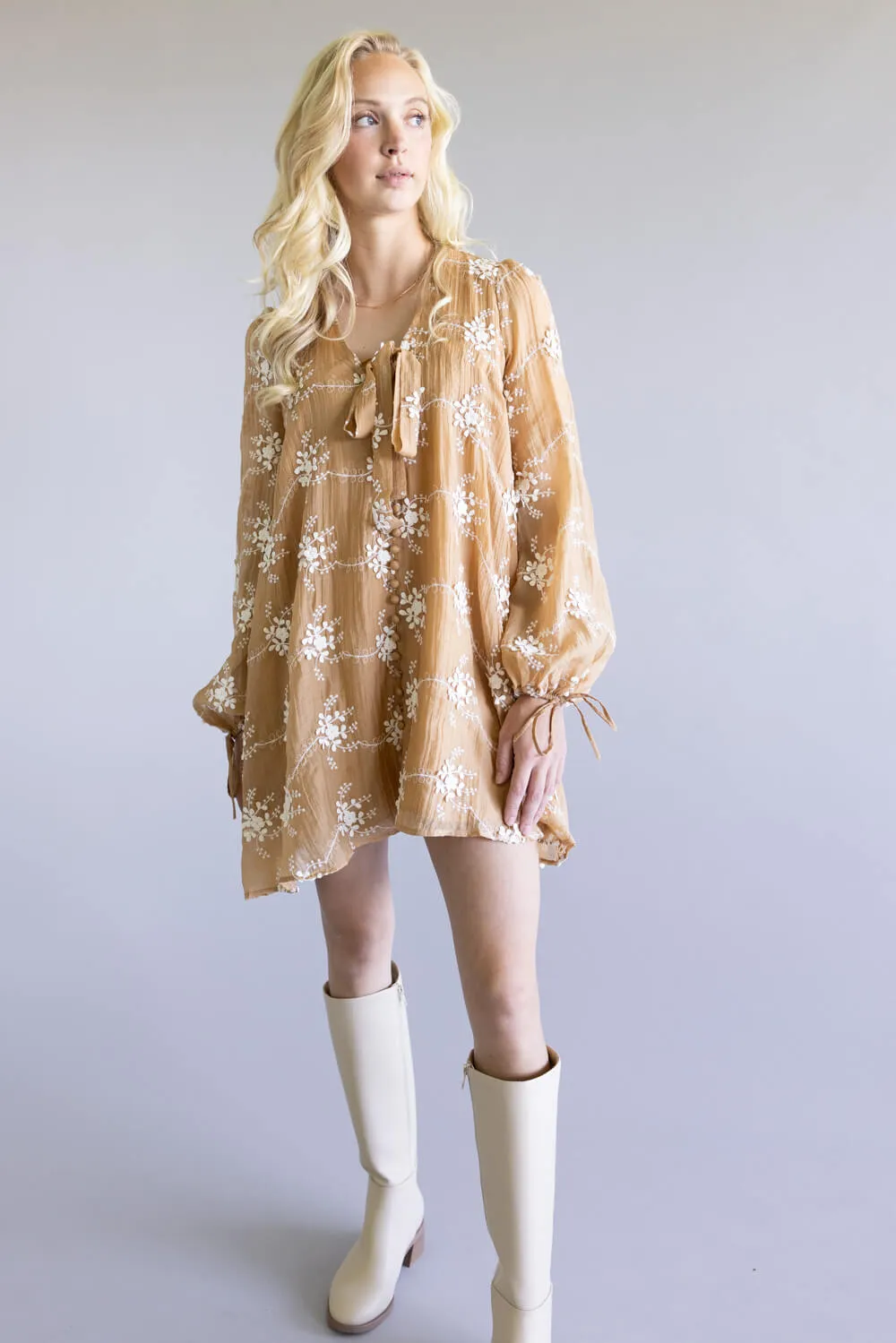 Floral Embroidered Long Sleeve Mini Dress for Women in Mocha | LD1678-2TONEMOCHA sold by Glik’s