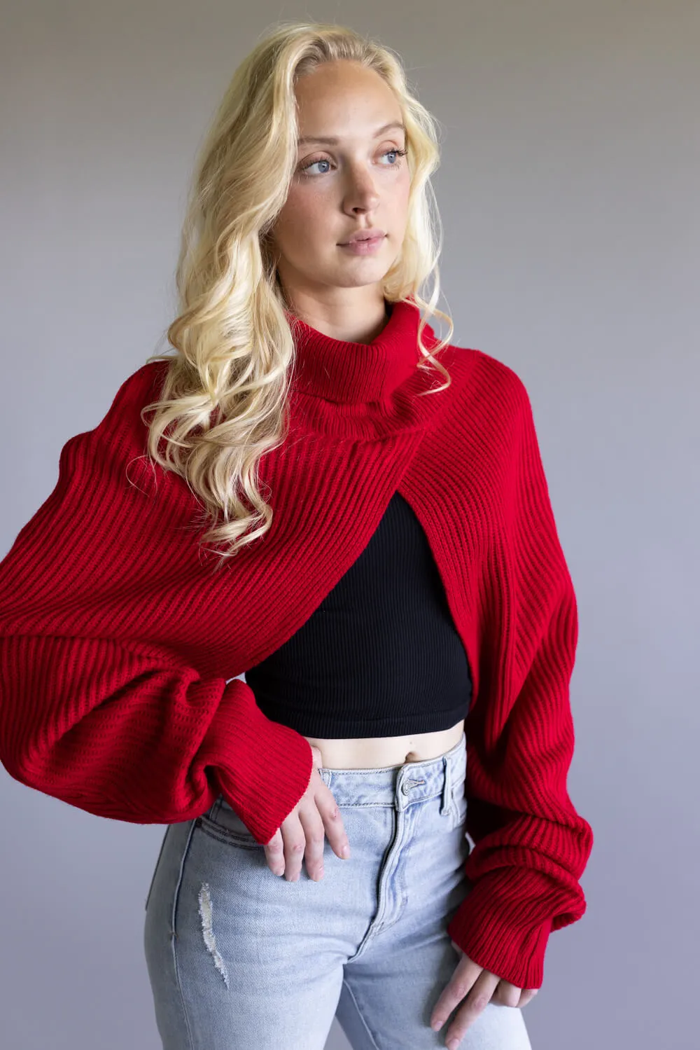 Turtleneck Shrug Bolero Sweater for Women in Red | CC0420084-RED sold by Glik’s product image thumbnail 2