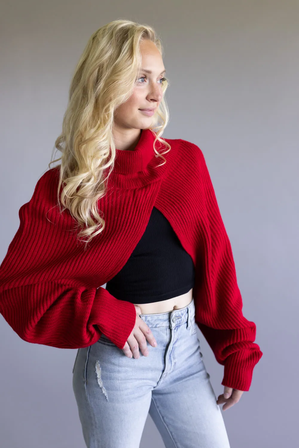 Turtleneck Shrug Bolero Sweater for Women in Red | CC0420084-RED sold by Glik’s product image thumbnail 3